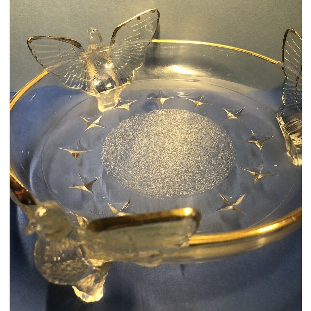 Glass Candy Dish Bowl American Eagle 3-Footed Embossed Stars Gold Trim Vintage - Picture 4 of 13